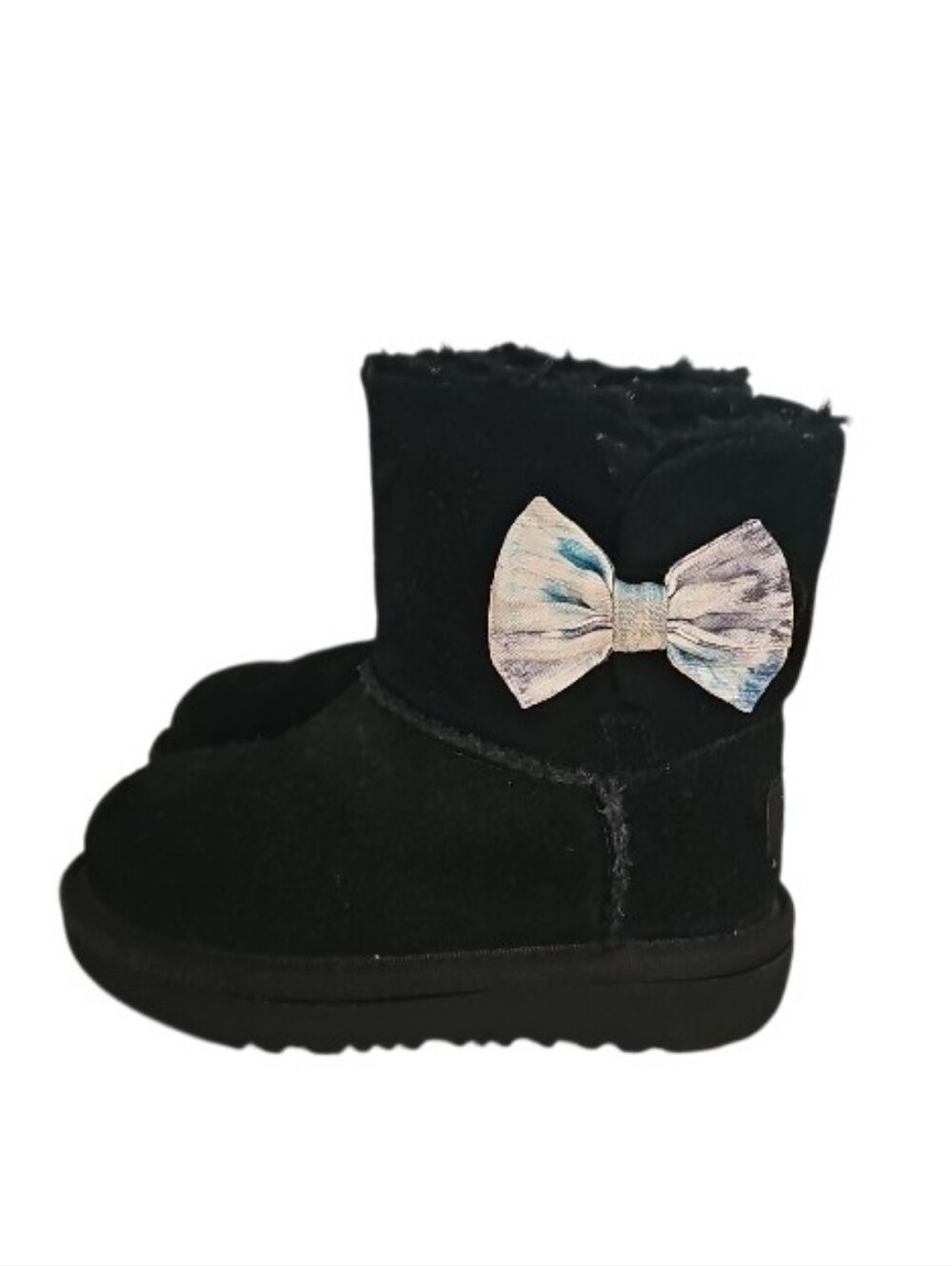 UGG Classic Mini II Boots Girls 7 Black Tie Dye Bow Sheepskin Wool Winter Shoes